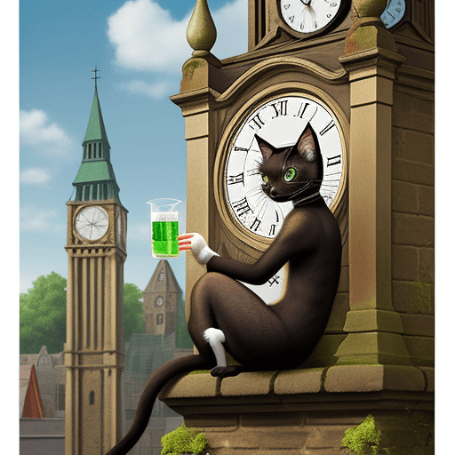 AI generated: create a picture of Siamese cat drinking sprite on clock tower