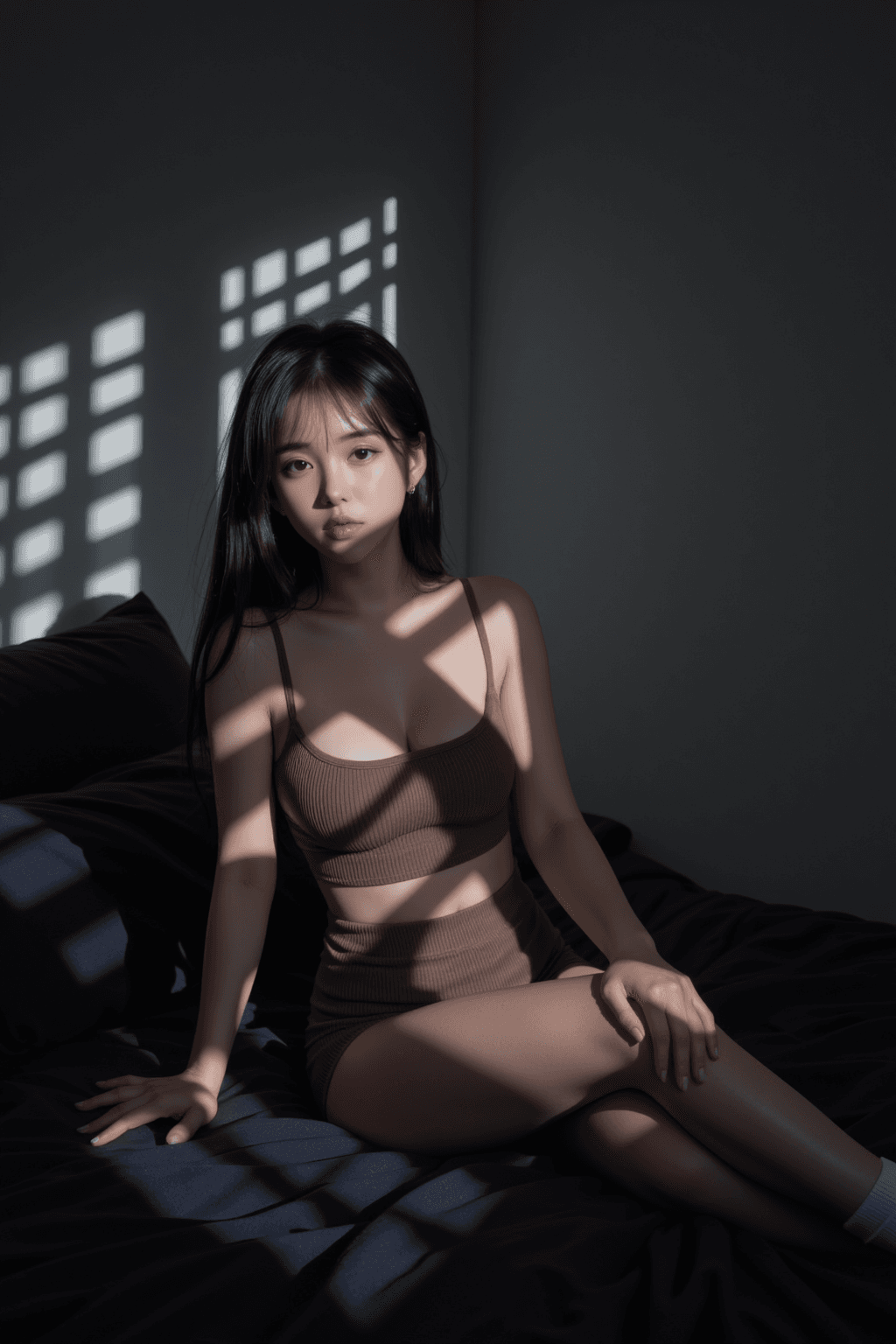 AI generated: A highly-detailed, photorealistic, cinematic portrait of a stunning young East Asian woman sitting o...