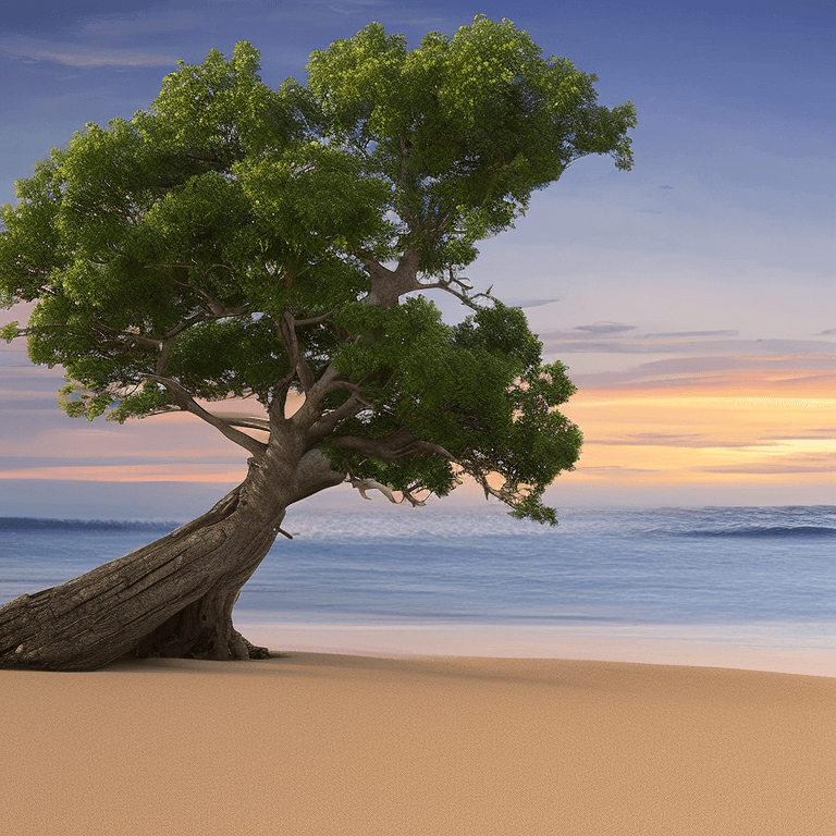 AI generated: photorealistic oil on canvas,
sparse clouds in a sky, 
multiple small tree,  beach, small rocks,
bea...