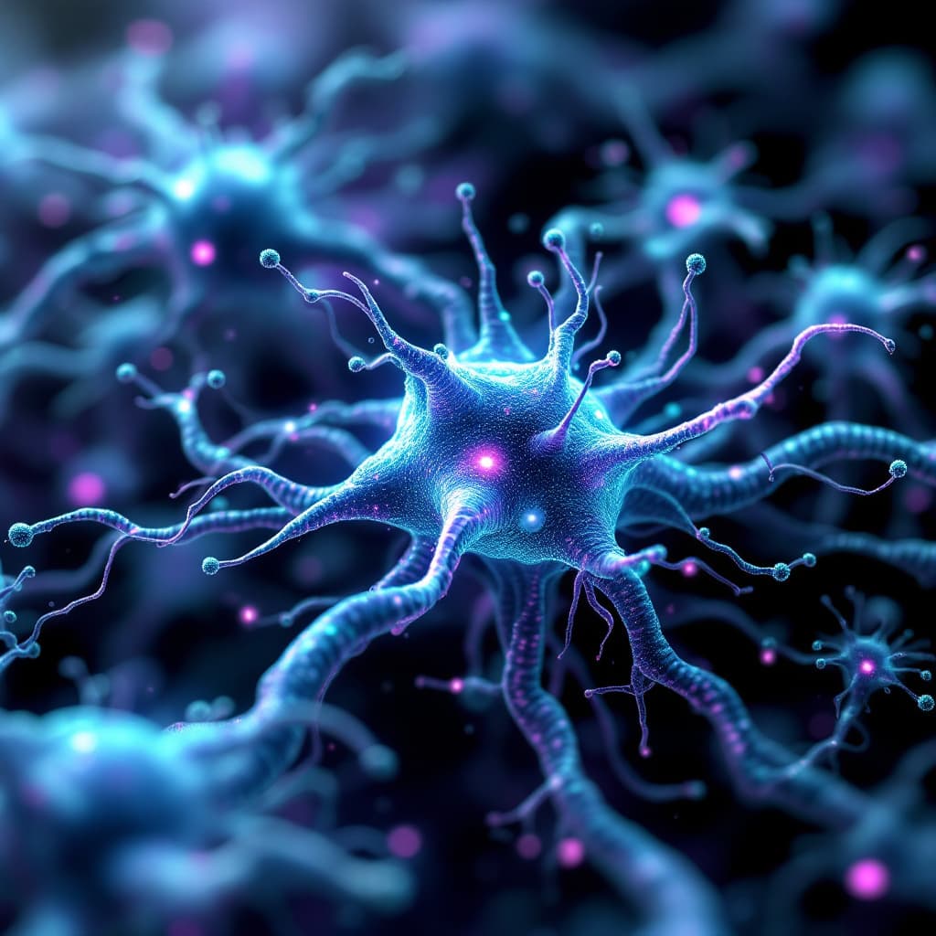 AI generated: neurons, abstract visuals, futuristic, cyberpunk aesthetic, purple green accents, soft diffused high...