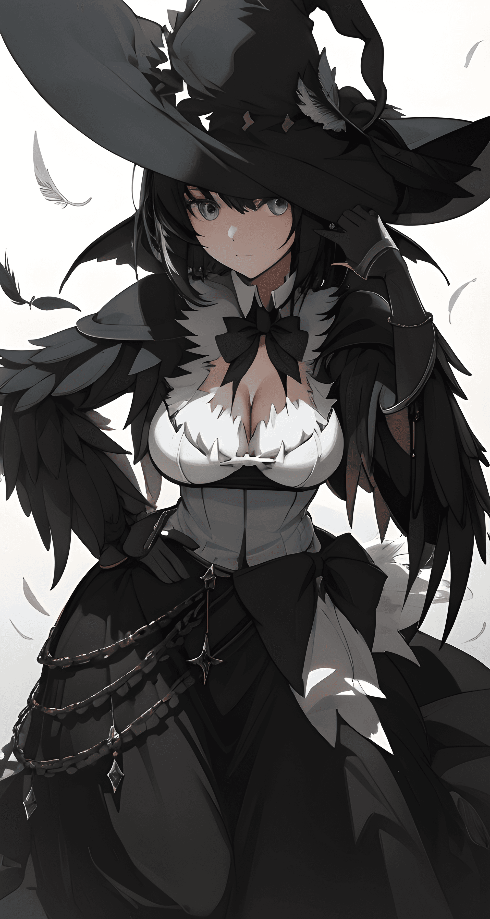 AI generated: a close up of a person wearing a hat, by Kamagurka, pixiv, gothic art, chicken feather armor, dark s...