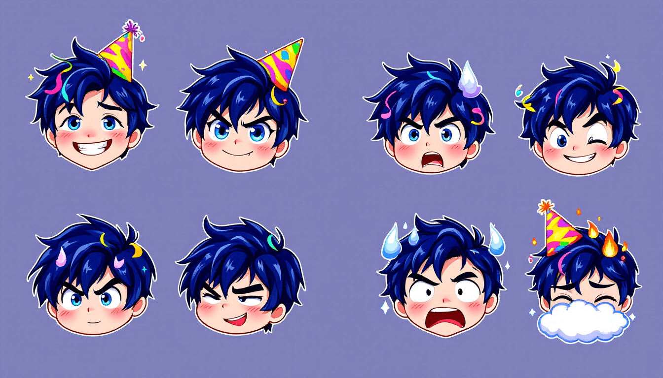 AI generated: **Image Prompt:**
"Create a set of 10 detailed, unique emojis depicting a boy with indigo hair, arra...