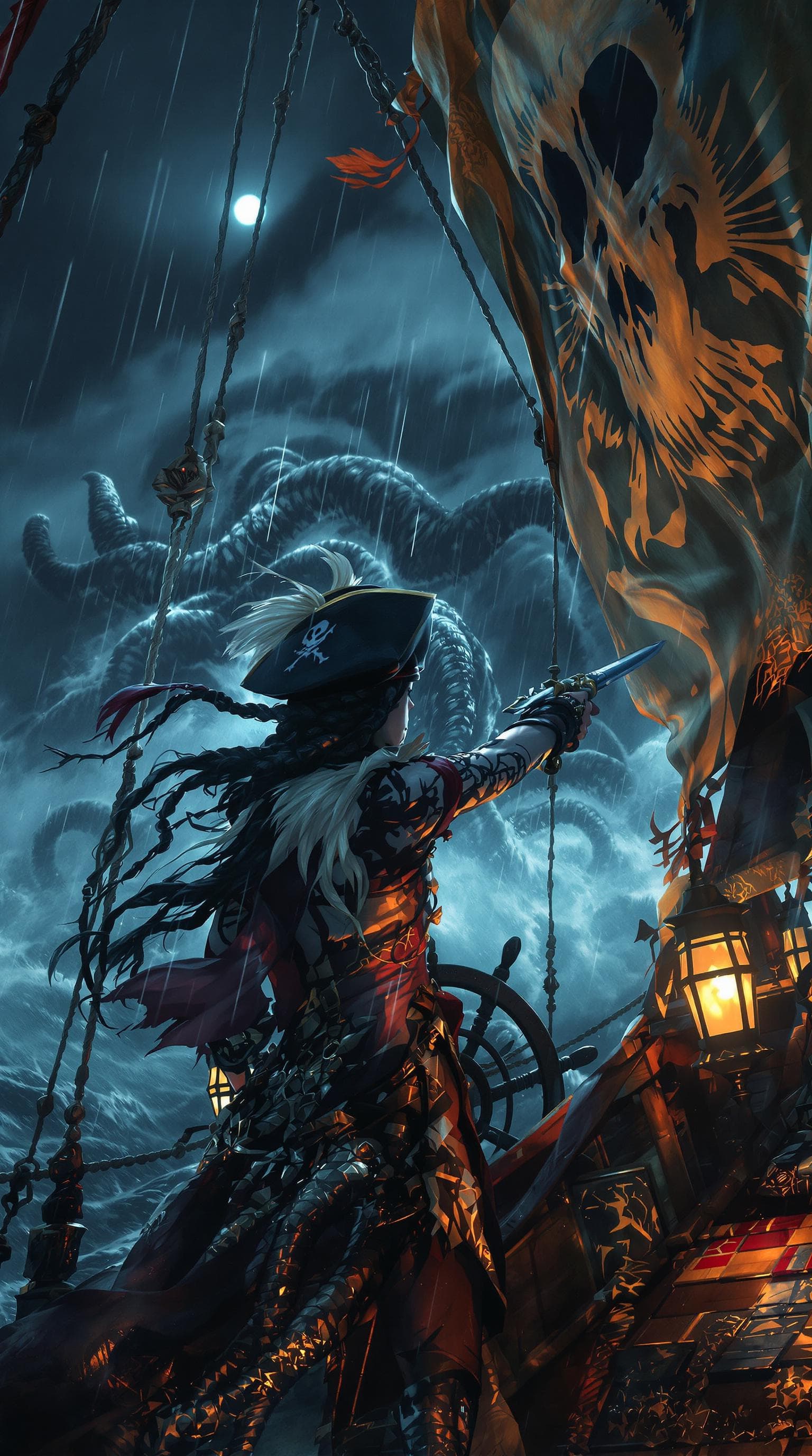 AI generated: The tempest raged, and the sea churned like an angry beast. Amidst the chaos, a commanding figure st...