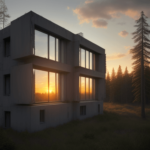 AI generated: a realistic photo, of a house, where walls are made of windows, in brutalist style, at sunset in the...