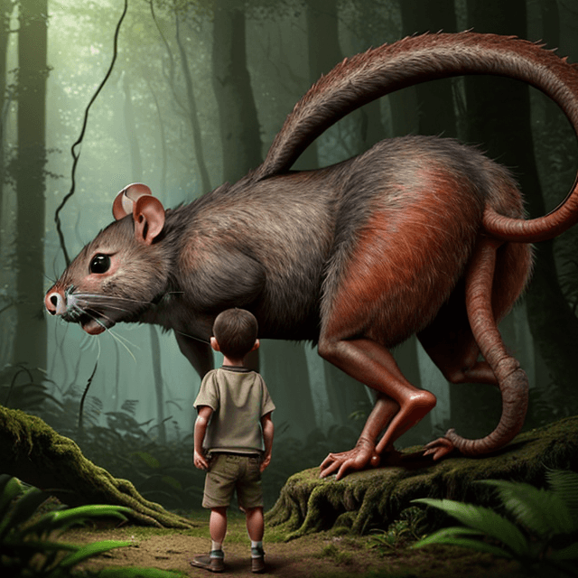 AI generated:  a young prehistoric boy sees a back of red   rat hiding in  a prehistoric forest, side  view, 8k