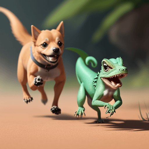 AI generated: An animated  a little dog running  behind a lizard.