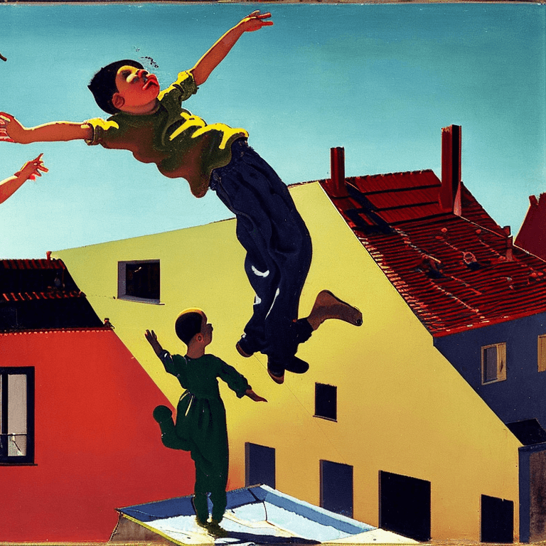AI generated: children playing on rooftop, neo rauch