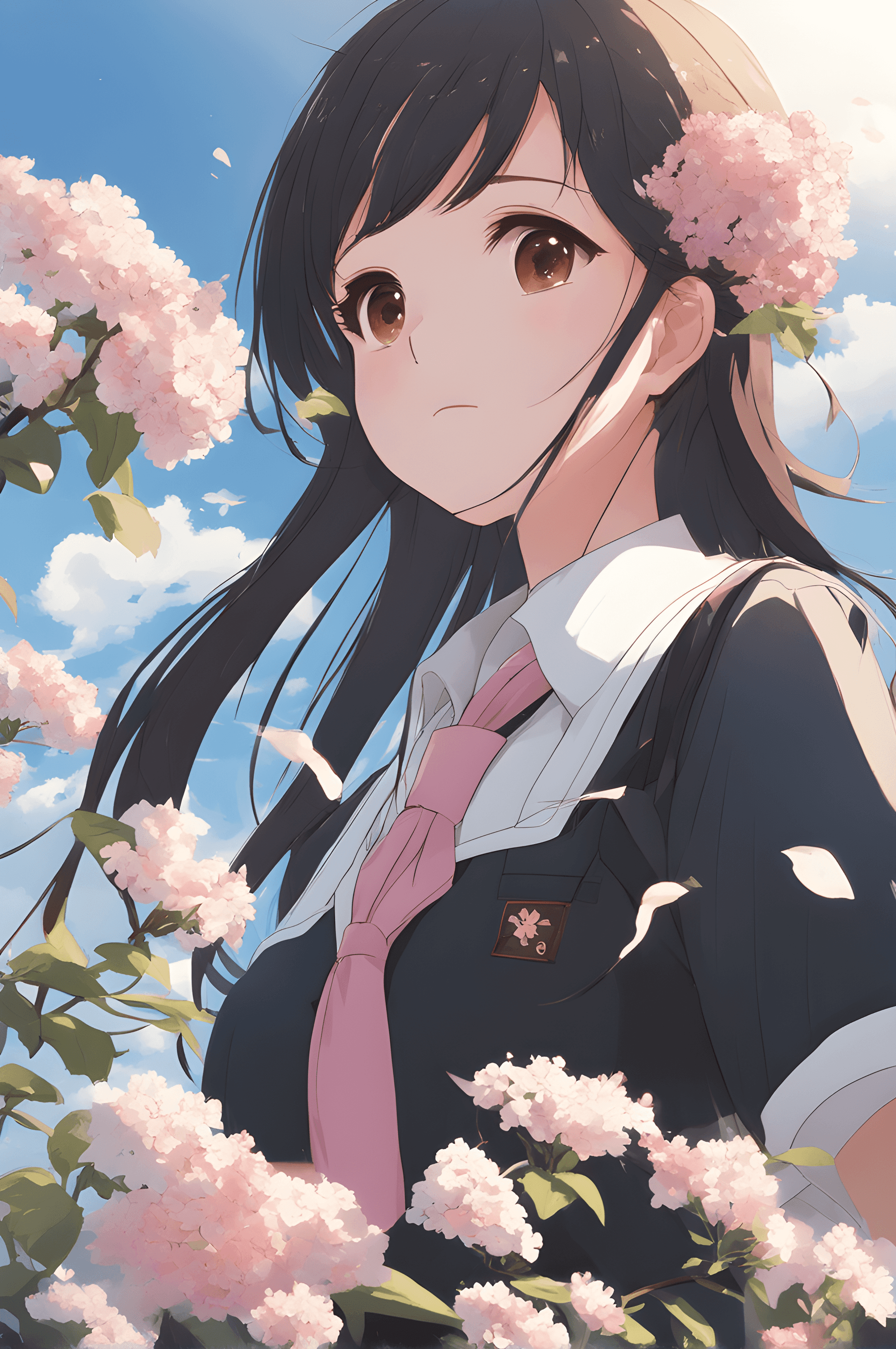 AI generated: (masterpiece, best quality),1girl, solo, flower, long hair, outdoors, letterboxed, school uniform, d...