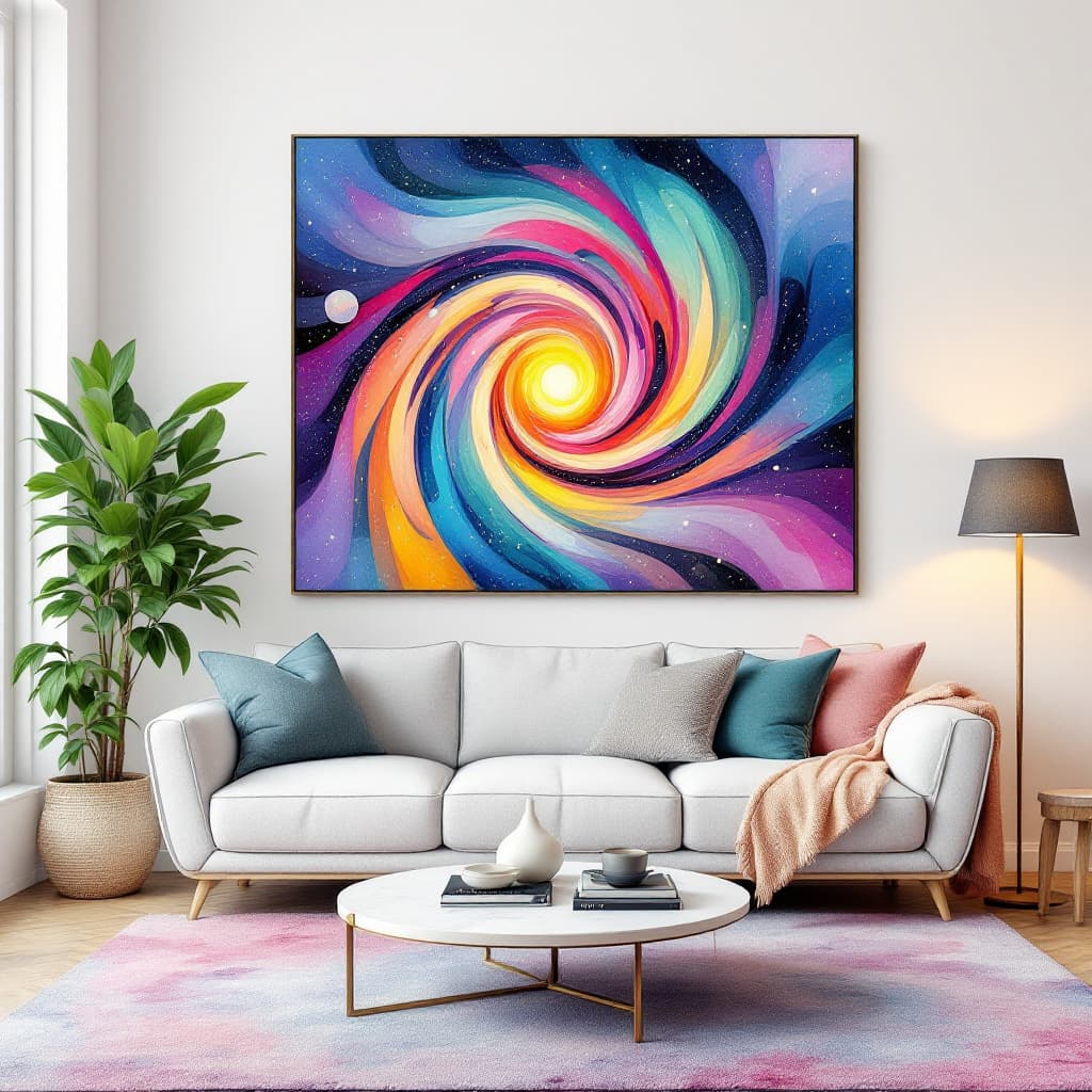 AI generated: 19. isolated on a solid white background. Watercolor style stylish living room with a psychedelic eu...