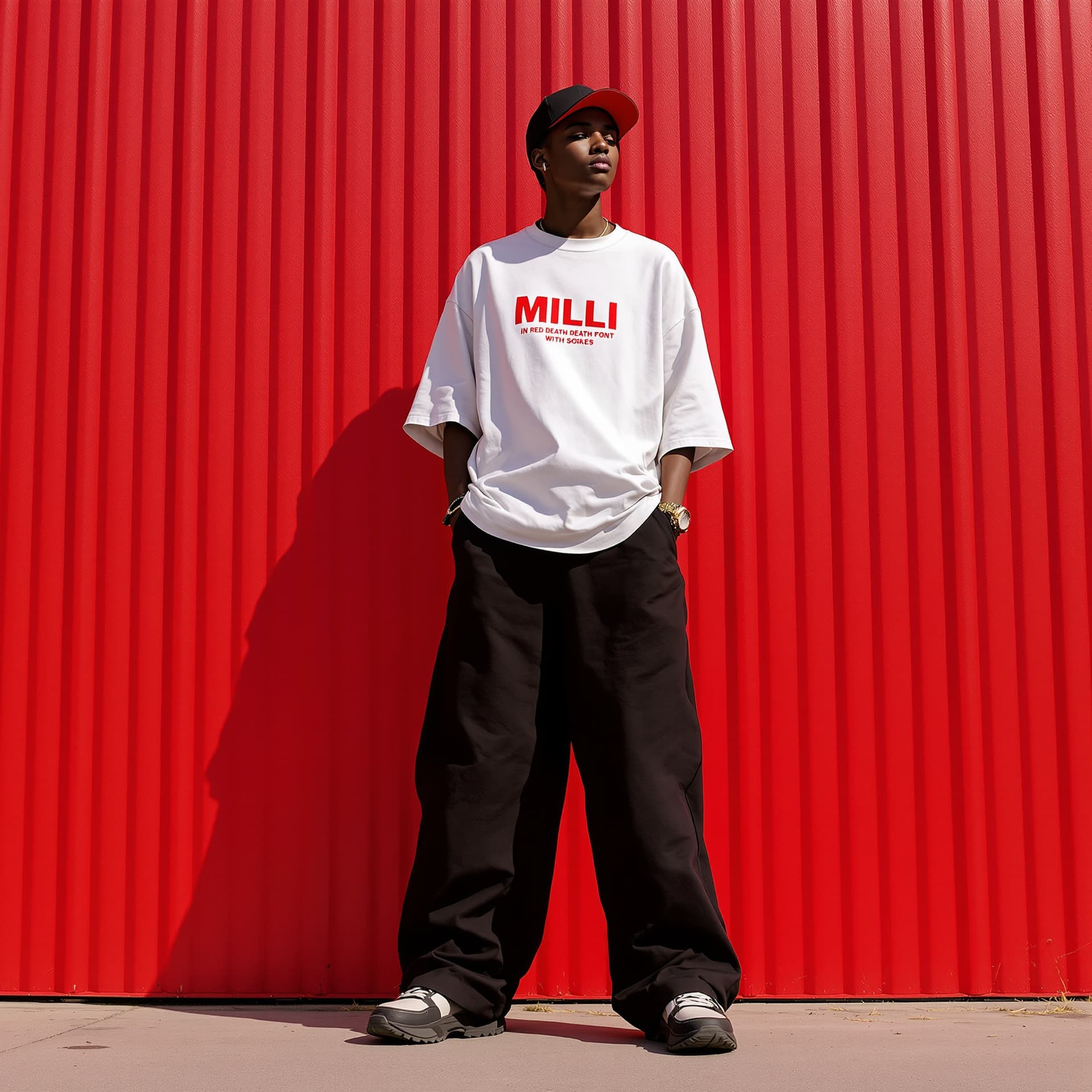 AI generated: capturing a casual yet stylish vibe, a figure in a loose, oversized black street wearing and wide-le...