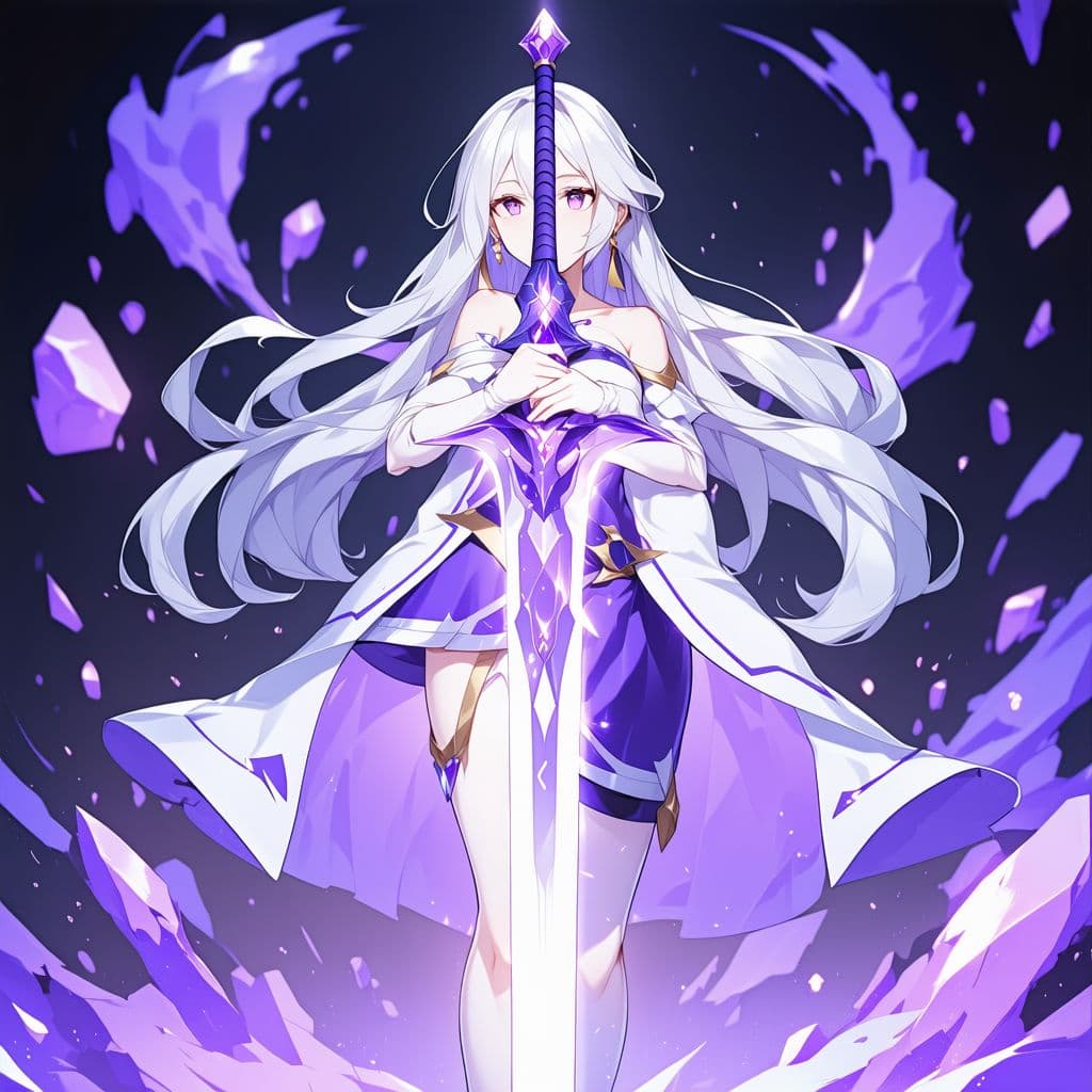 AI generated: anime girls with silver hair color grape big sword, fantasy, isekai, splash art gacha