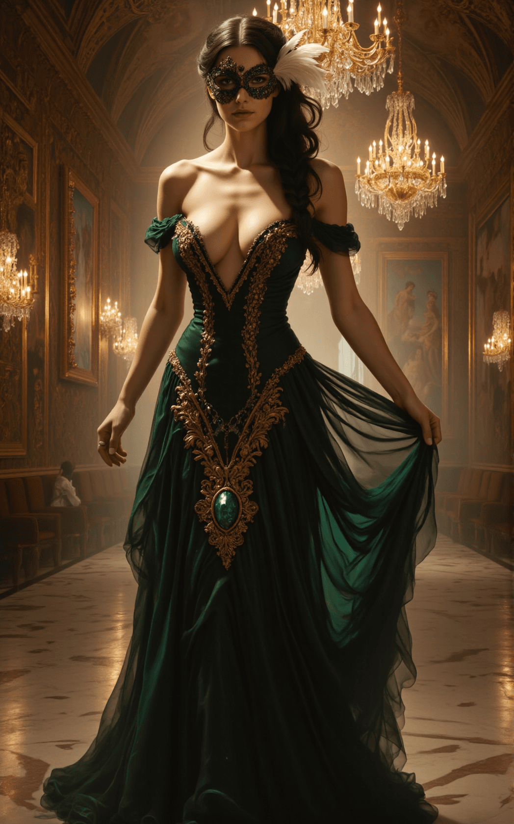 AI generated: A mysterious woman glides through a Venetian palace hall, instantly recognizable by her raven-black ...
