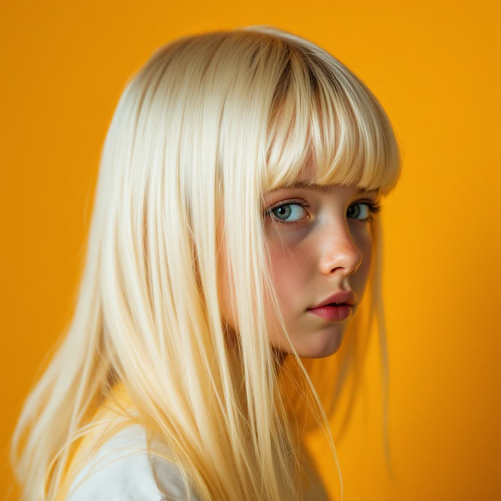 AI generated: editorial photography, side view, upper-body, nine years old boy model, long straight platinum blond...