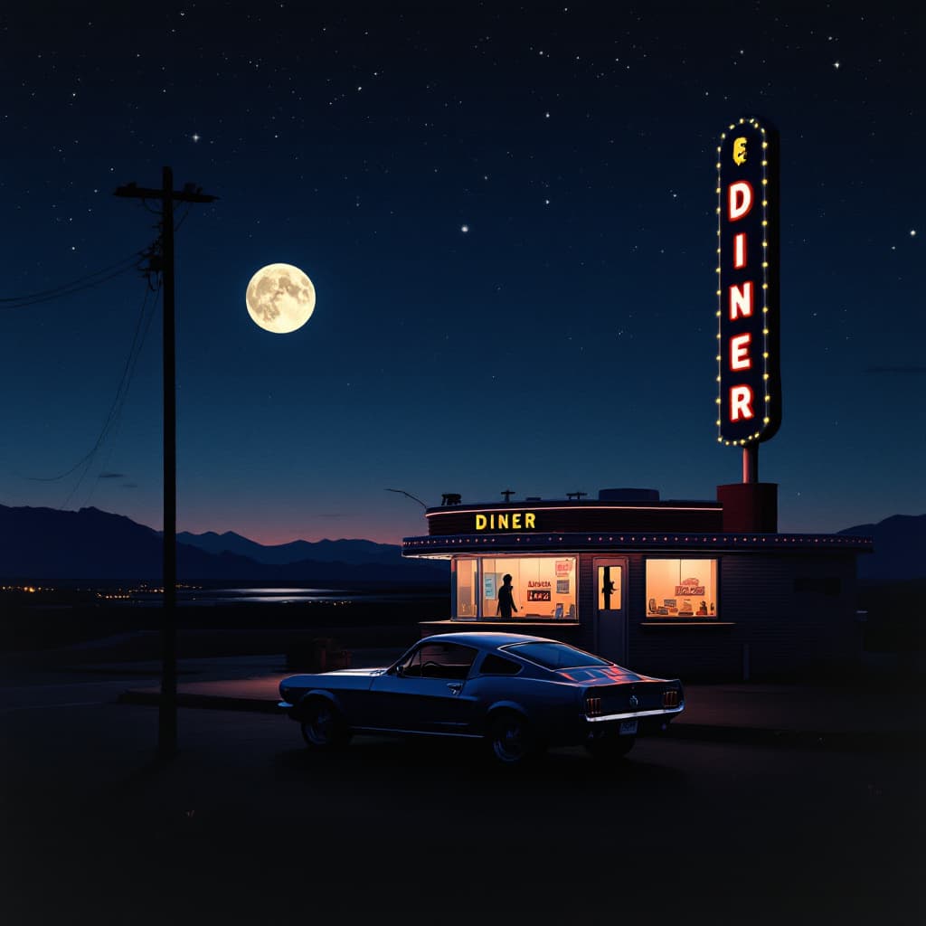 AI generated: Lonely diner at sunset, mustang car, full moon romantic night vintage film grain clear sky with star...