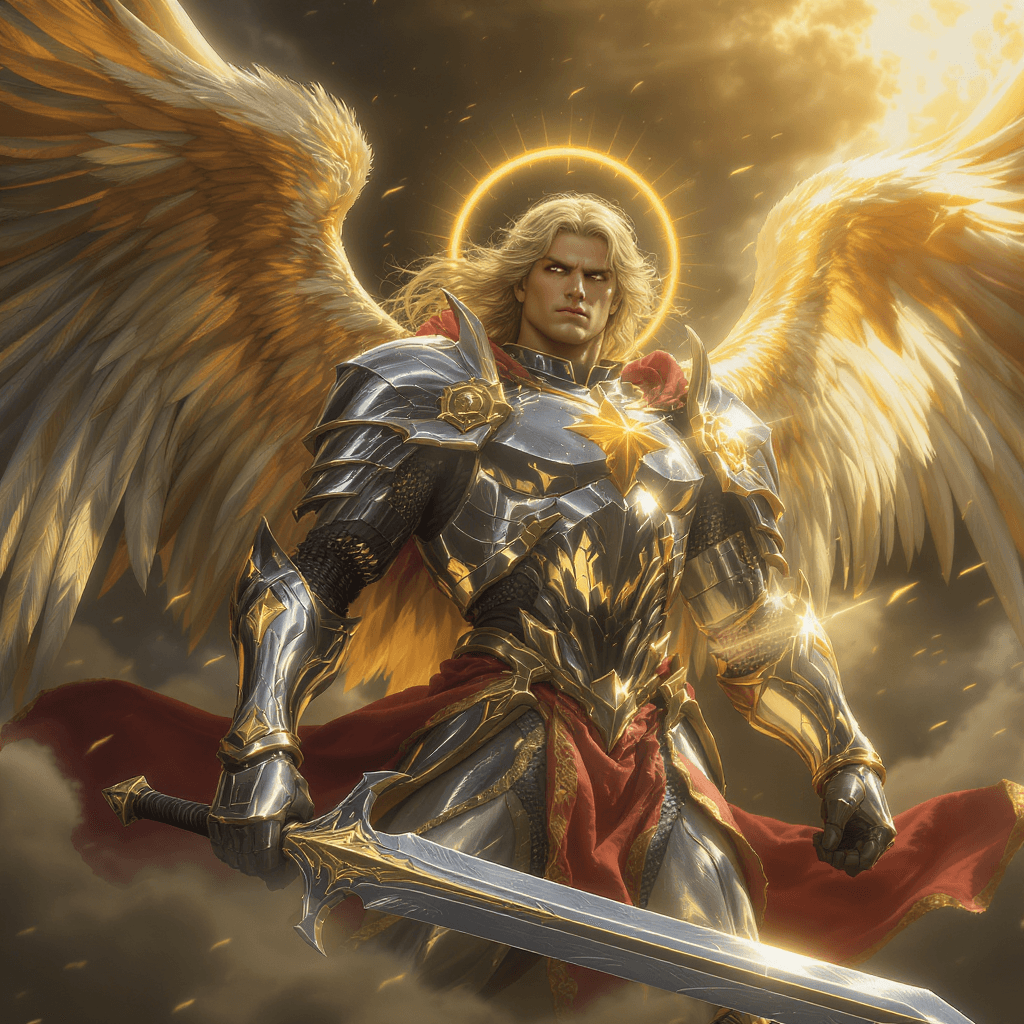 AI generated: Ultra-detailed, hyperrealistic raw photo of Saint Michael the Archangel. Cinematic scene. Spontaneou...