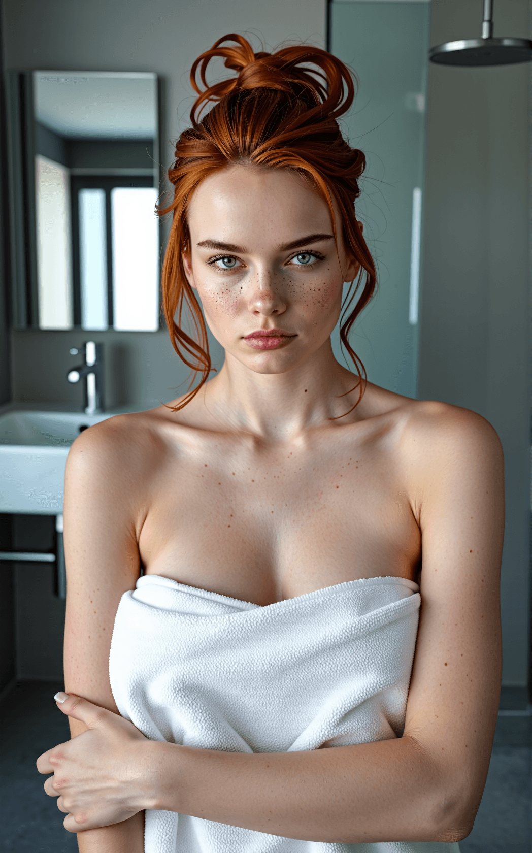 AI generated: A high-resolution, front-facing medium shot of a young woman with vivid copper-red hair styled in a ...