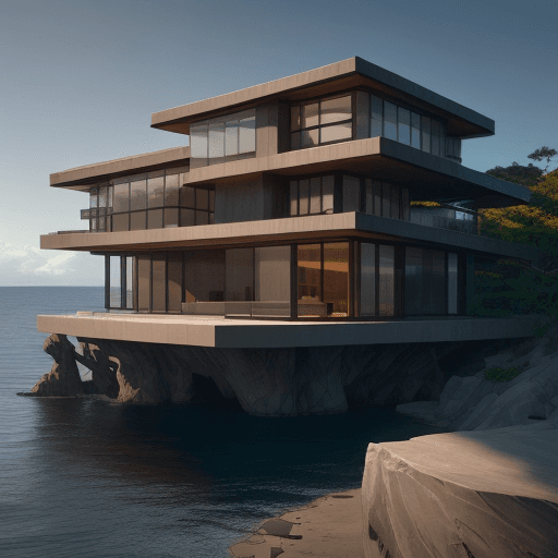 AI generated: modern house, frank llyod wright style, made of glass and dark wood, atmospheric, on the edge of an ...