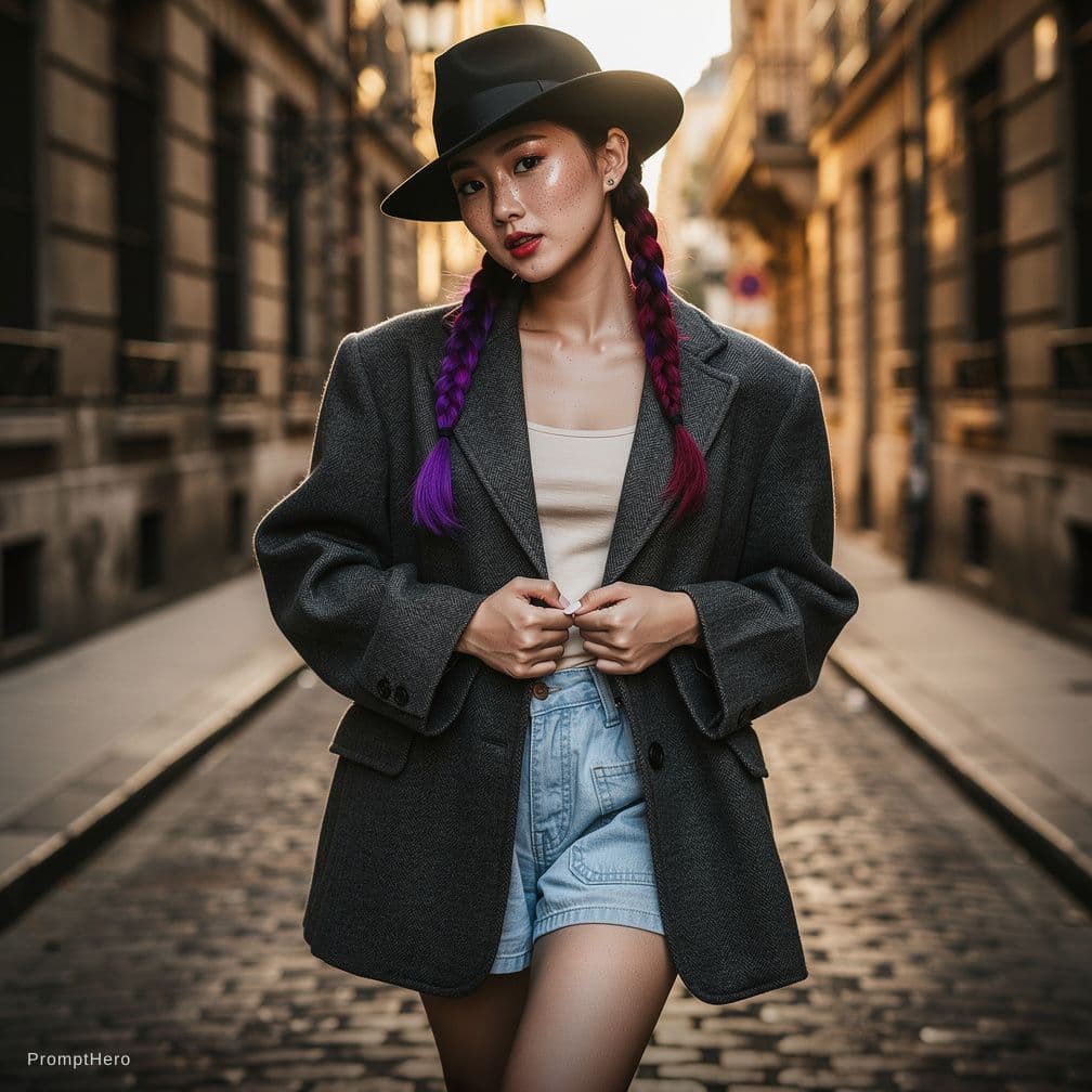 AI generated: Young Asian slim woman with two braids — one purple, one dark pink — wearing a black men's vintage h...