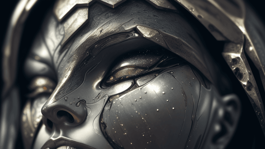 AI generated: Cyborg, front view, metallic skin, melting into the patinated background, brilliant modern abstract ...