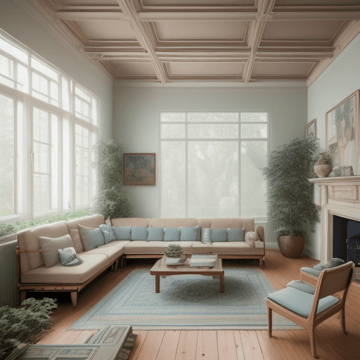 AI generated: High resolution photography interior design, dreamy sunken living room conversation pit, wooden floo...