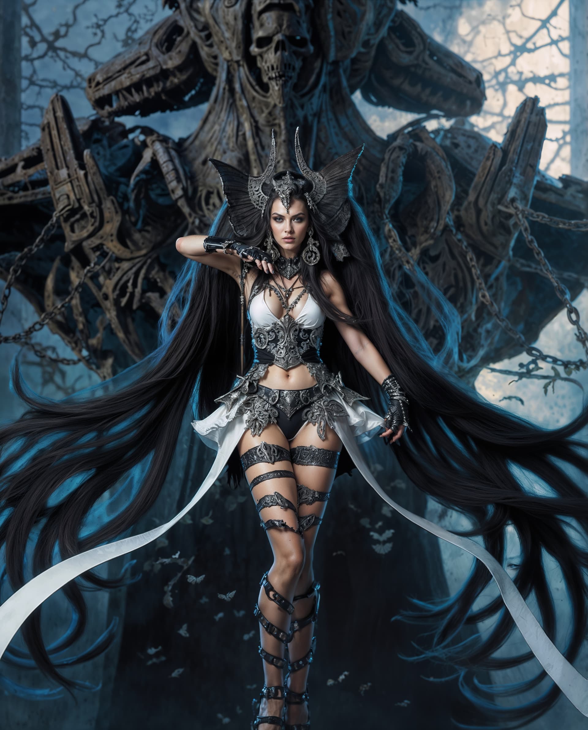 AI generated: A full body photo shot of a beautiful and breathtaking image of an armored ((dark-sorceress)) (woman...