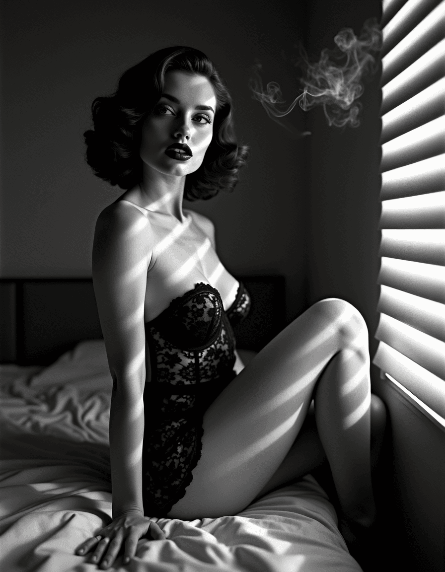 AI generated: Noir-inspired glamour photography: A mysterious brunette with dark red lips, wearing classic 1940s p...