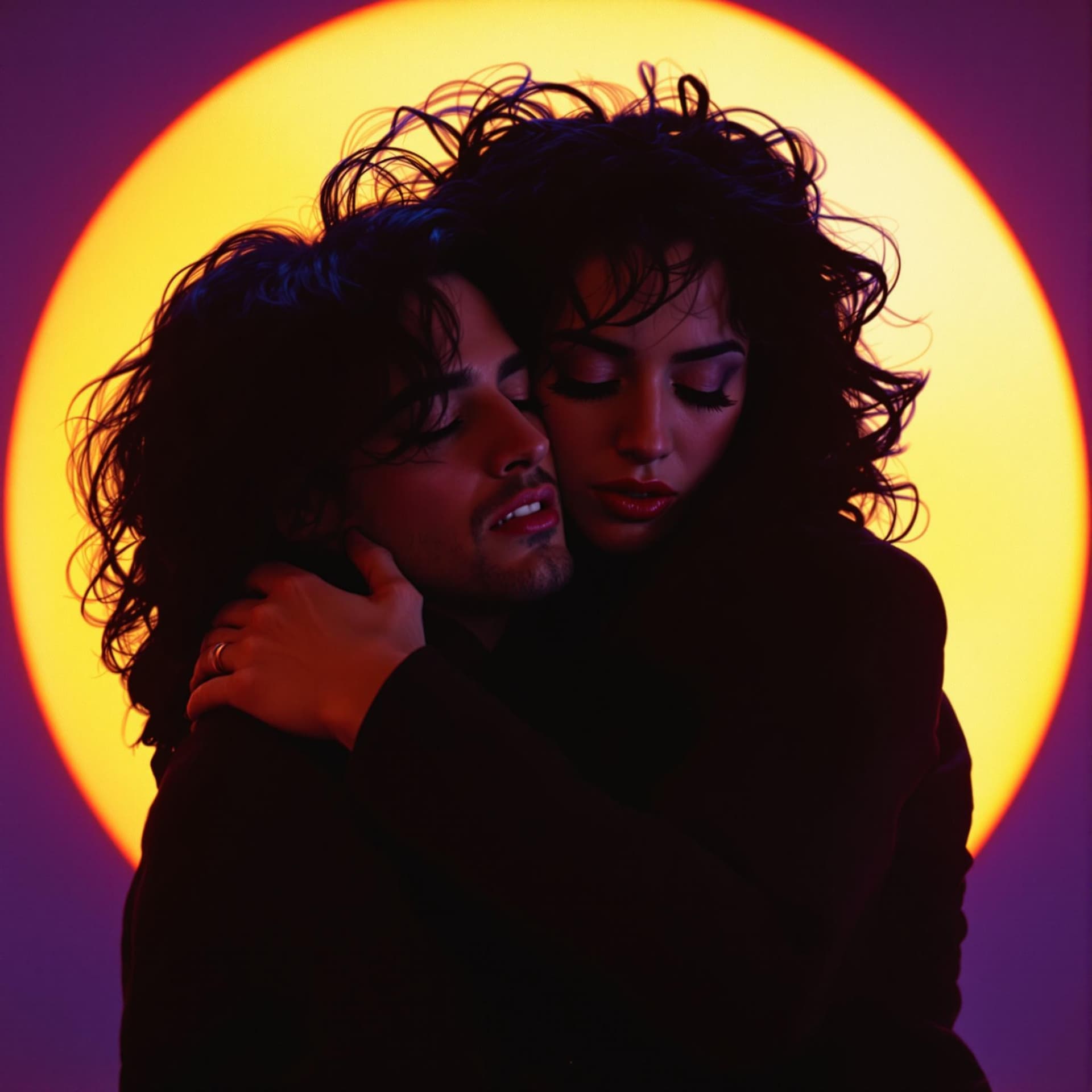 AI generated: A woman with voluminous dark hair and an emotional expression, embracing a man tightly from behind. ...
