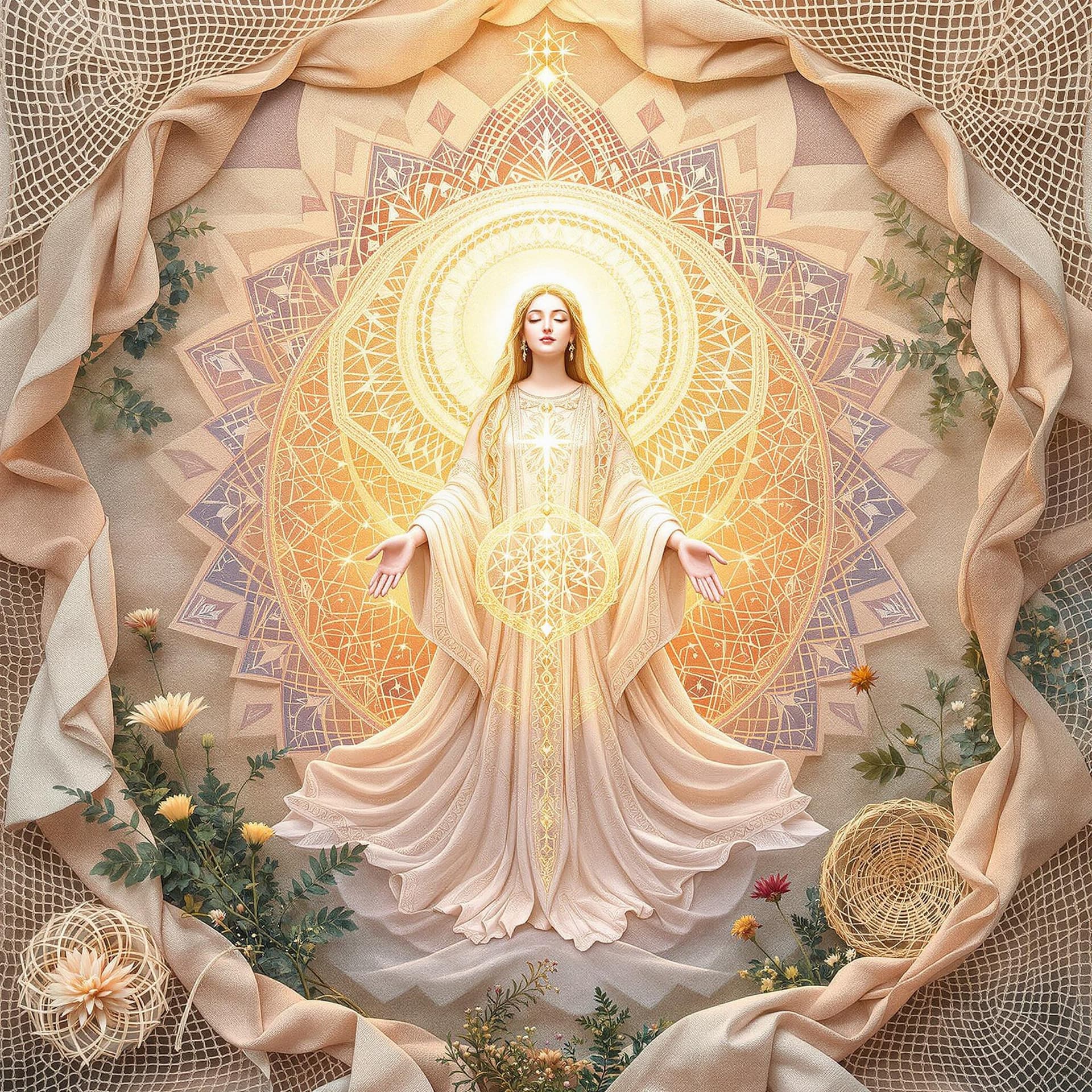 AI generated: A serene boho-style religious artwork featuring a divine figure surrounded by intricate mandala patt...