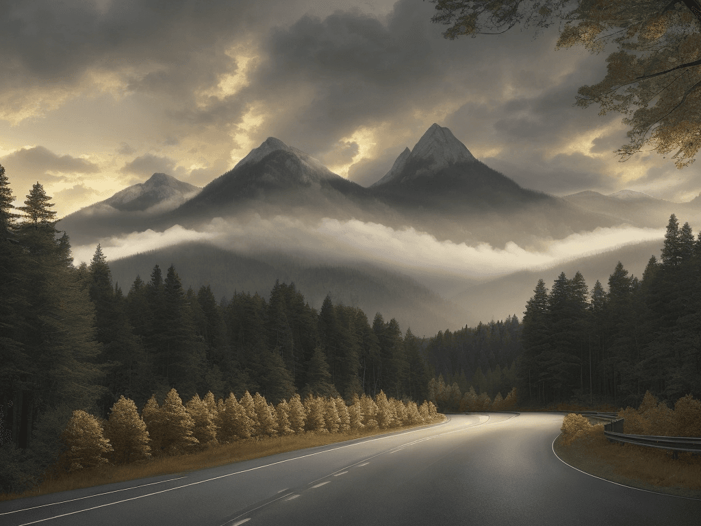 AI generated: a serene and mystical landscape with a road winding through a forest, set against a backdrop of towe...