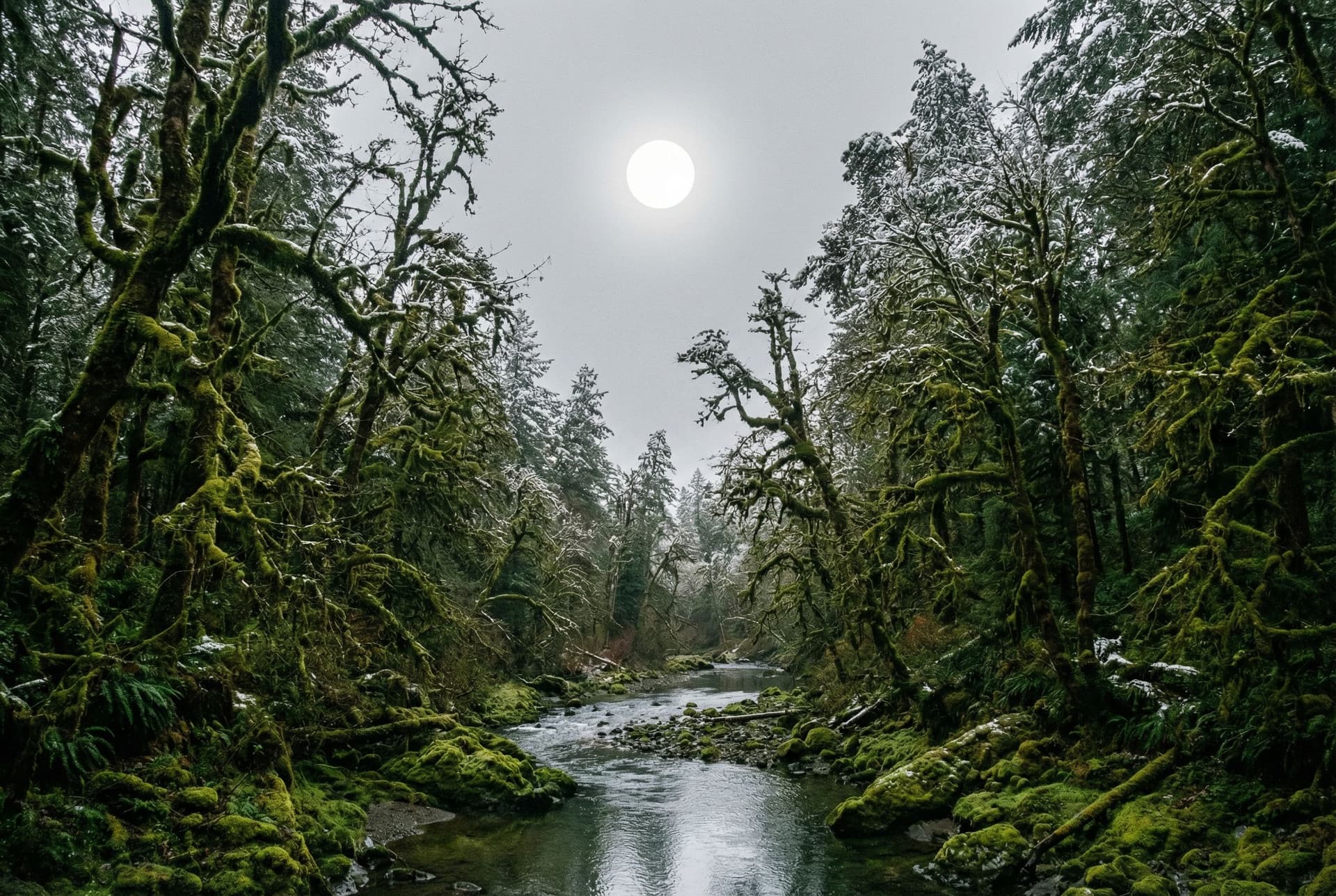 AI generated: a scenic landscape with lush mossy rainforest but the sky has a more grey color  with no clouds and ...