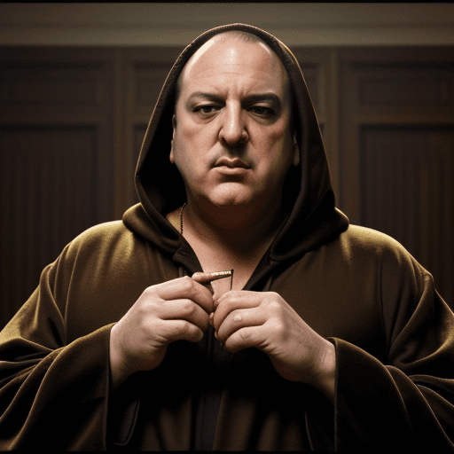 AI generated: Tony Soprano is dressed in a robe with a hood and holds a cigar near his lips. He releases smoke. Th...