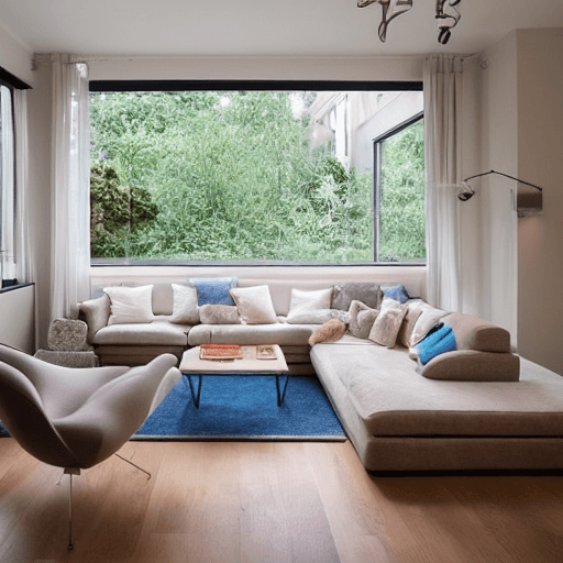 AI generated: high resolution photography interior design, dreamy sunken living room conversation pit, wooden floo...