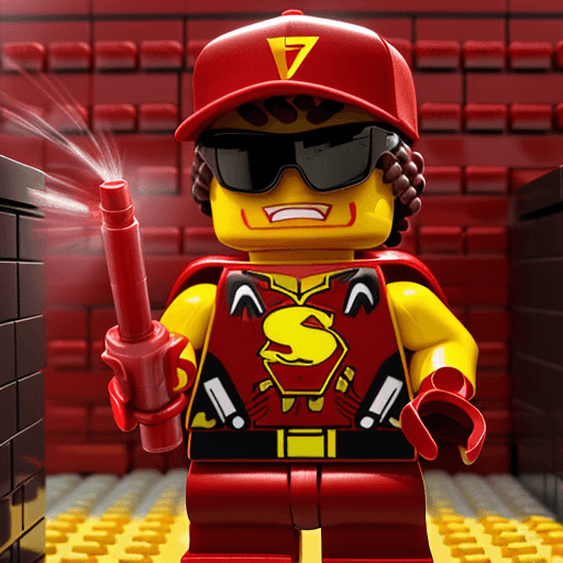 AI generated: A brown skin man, with a red baseball cap backwards, sunglasses, in a red metallic dark knight armou...