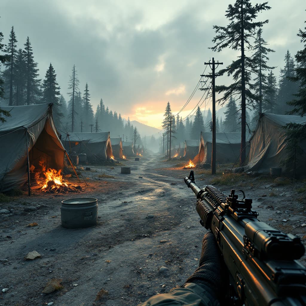 AI generated: First-person POV of a Military Base Camp, The Camera Shows you walking with a Rifle in your Hands on...