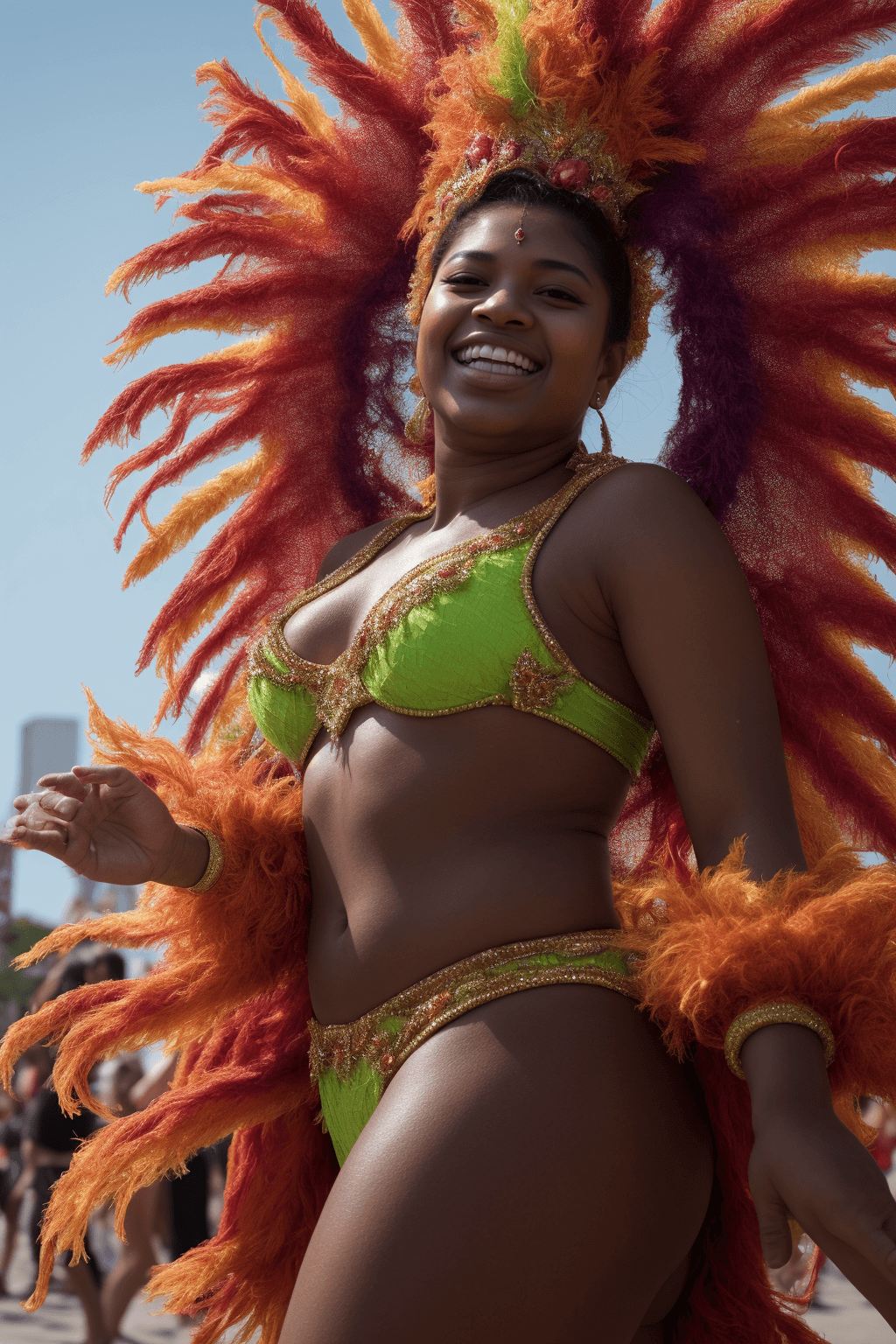 AI generated: crowds of people at Brazilian Carneval, dramatic shadows, rim lighting, Latina female 26yo, carnival...