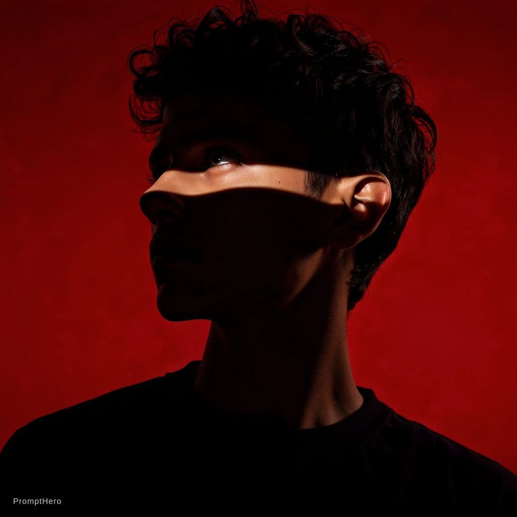 AI generated: Ultra-realistic studio portrait of a young man against a bold solid red background, upper-torso fram...