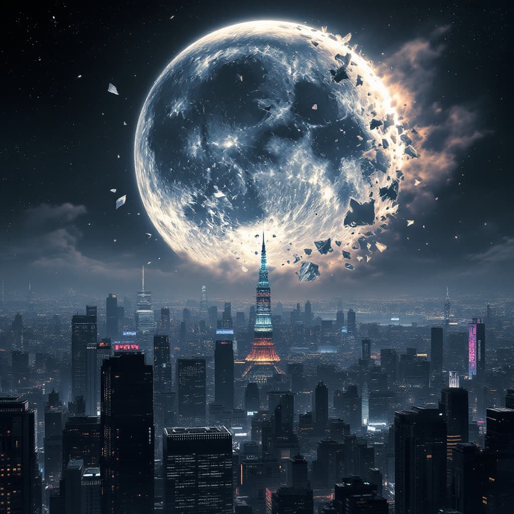 AI generated: sci-fi neo tokyo, in the style of akira, city skyline with part of the moon shattered and pieces of ...