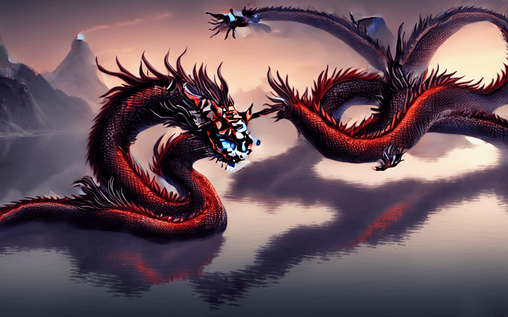 AI generated: Photo of a ultra realistic Chinese dragon sleeping in a lake, dramatic light, pale sunrise, cinemati...