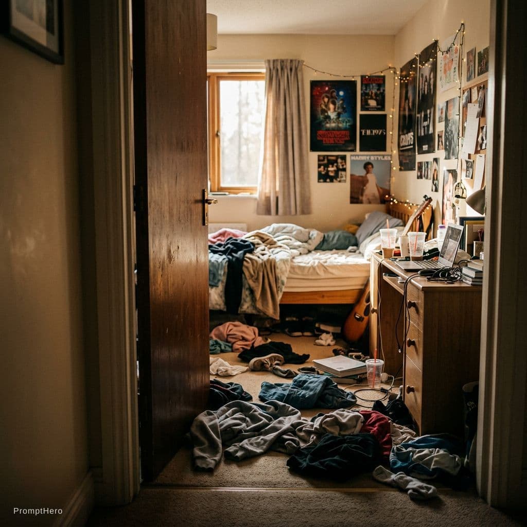 AI generated: cinematic shot of a slightly open bedroom door revealing a messy teenage girl bedroom inside, clothe...