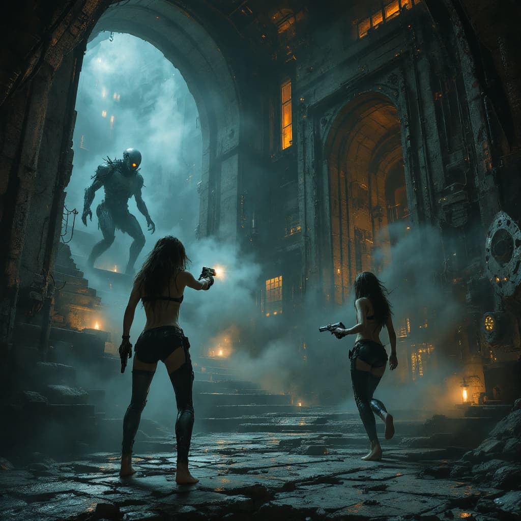 AI generated: The building is a maze of death, full of traps and monsters. Two girls, black bra, leather black pan...