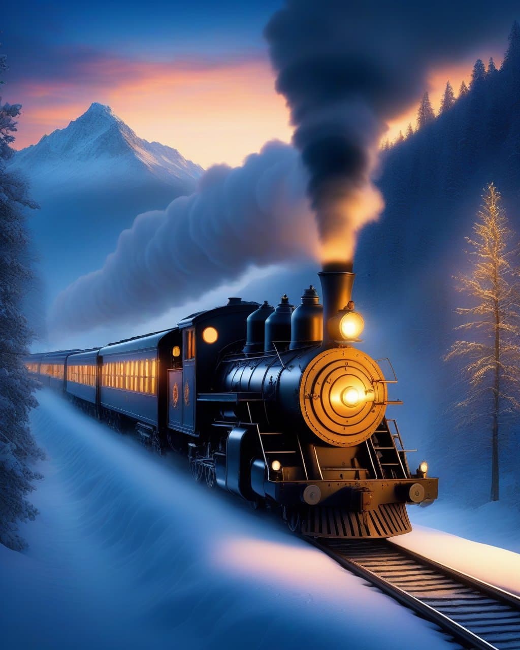 AI generated: Pixar style, steam locomotive train running through the snowy mountains, the polar express, scenic l...