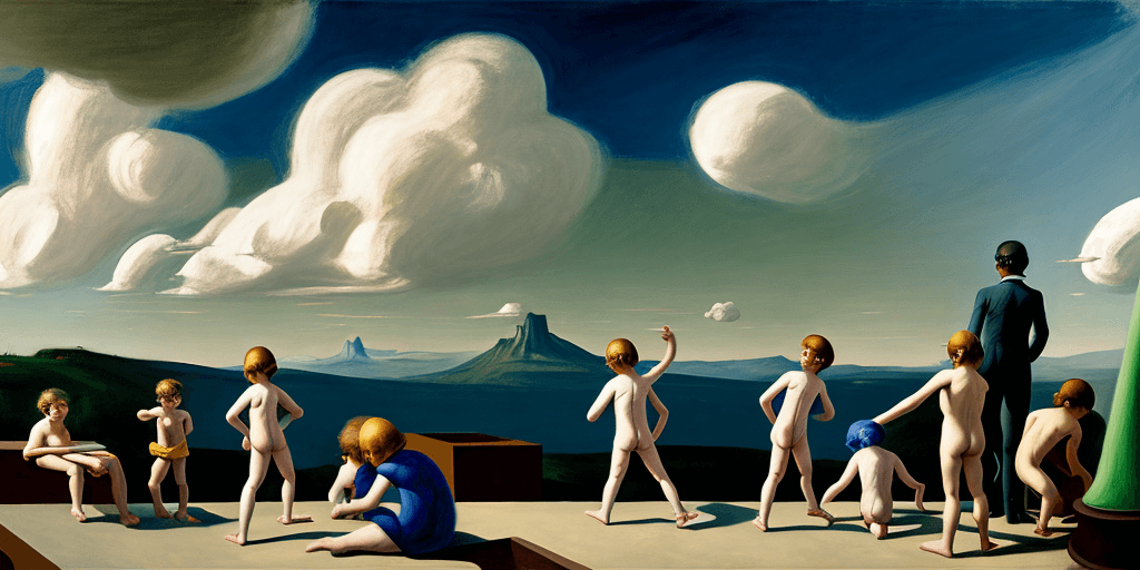 AI generated: neo rauch, edward hopper, david hockney, children playing on rooftop, people looking to horizon, epi...