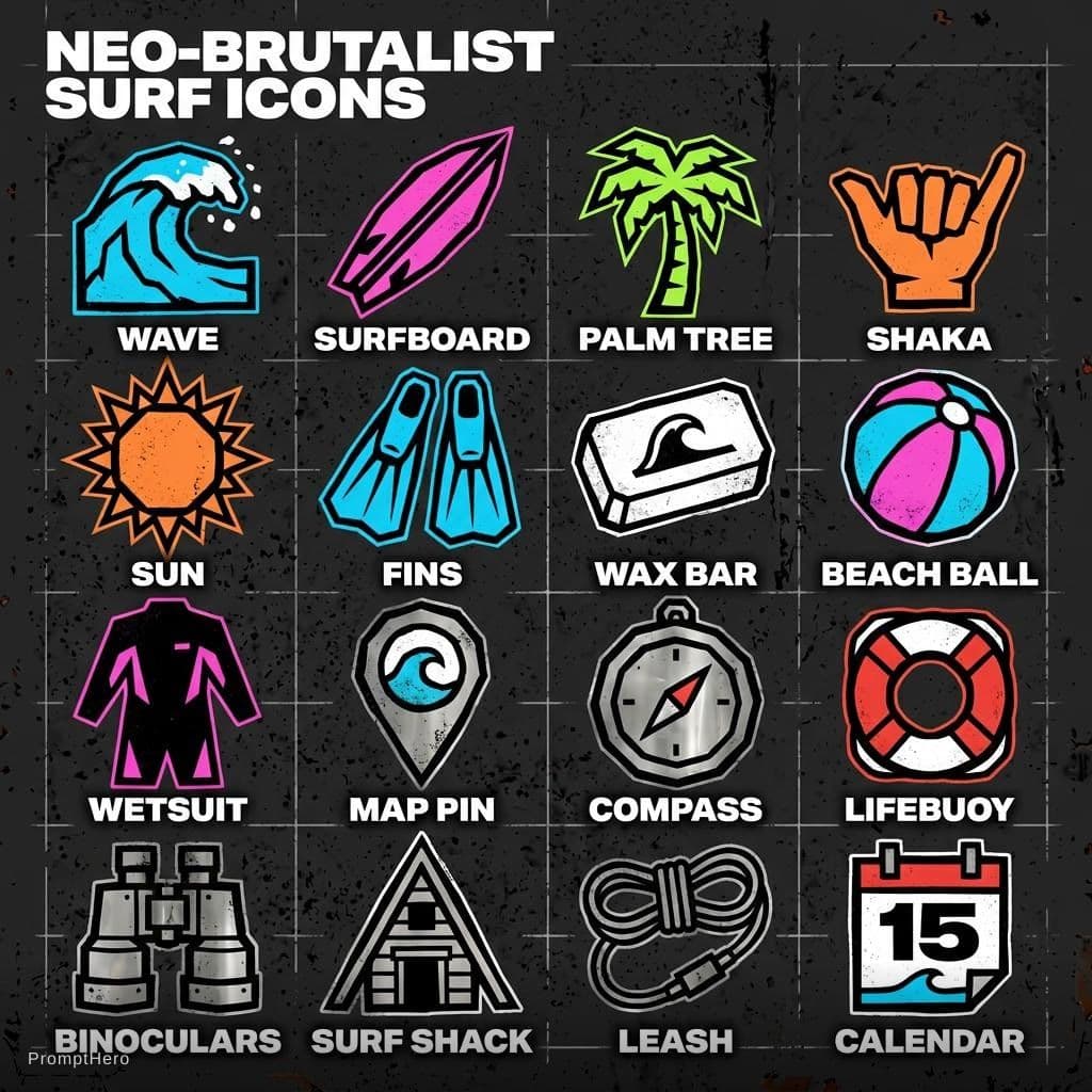AI generated: Neo brutalist surf-themed icon pack for in a neo-brutalis
