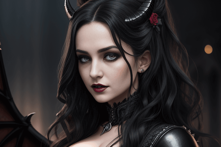 AI generated: Portrait of a beautiful woman, she has long black wavy hair, long curly horns, a bony face, scaly sk...