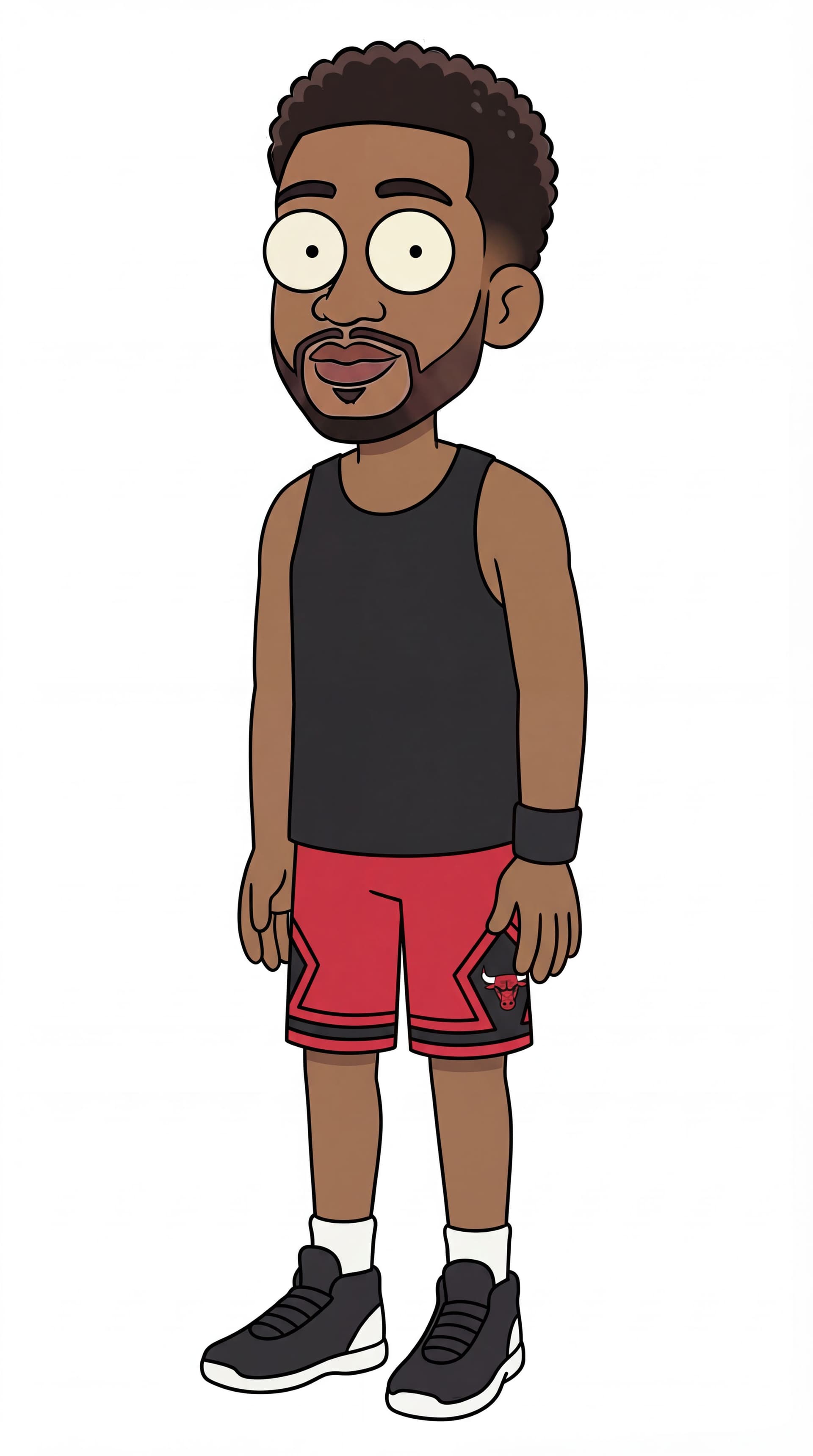 AI generated: put a black top tank and chicago bulls shorts.