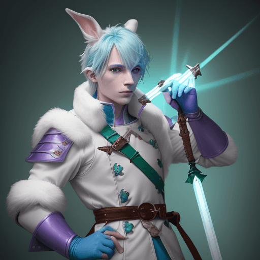 AI generated: male d&d harengon, male dnd rabbitfolk, male d&d anthro rabbit :: white fur with light blue tipped e...