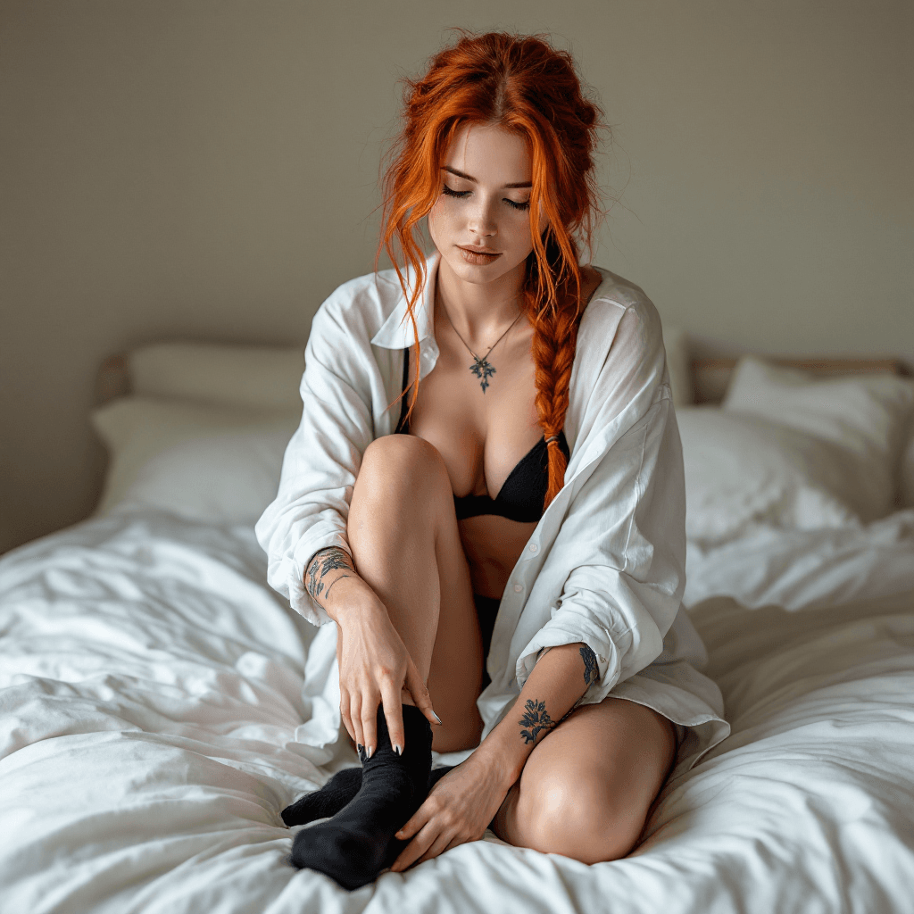 AI generated: A hyper-realistic, full-body lifestyle photo of a very pale, fit woman with long neon red hair style...