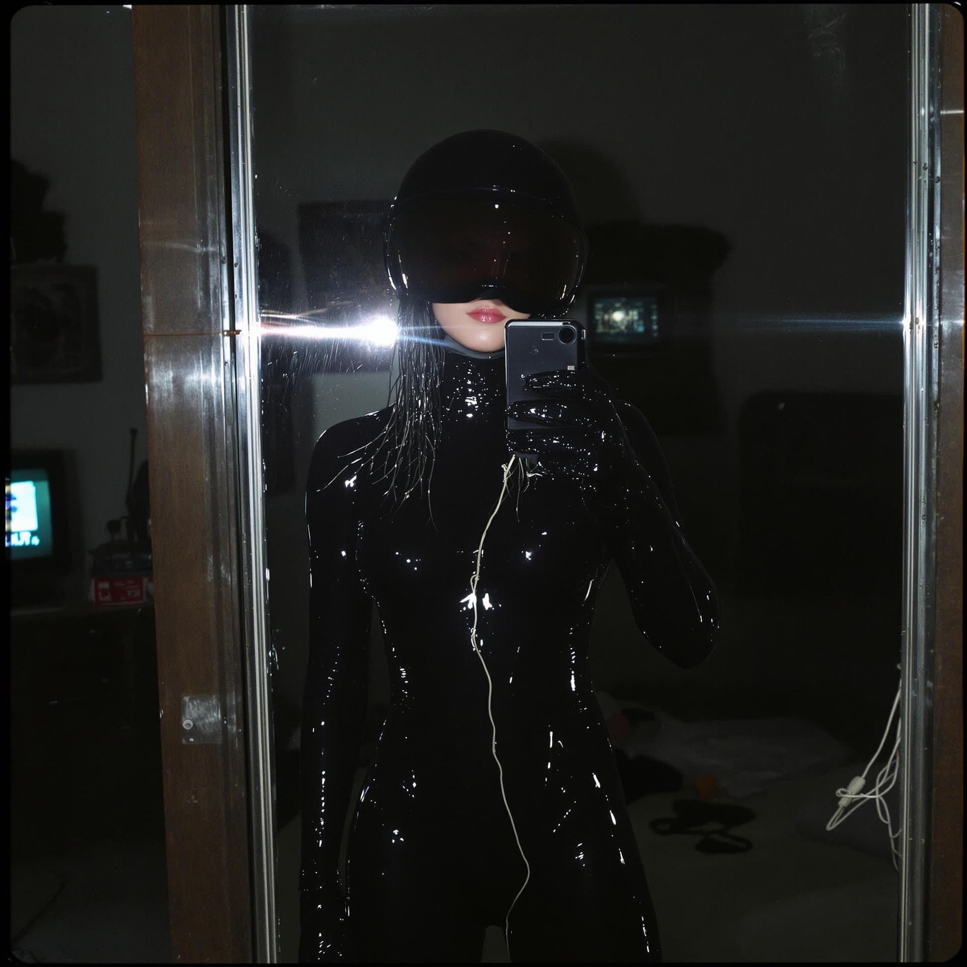 AI generated: mysterious female figure in a glossy black latex bodysuit stands in front of a mirror, capturing a s...