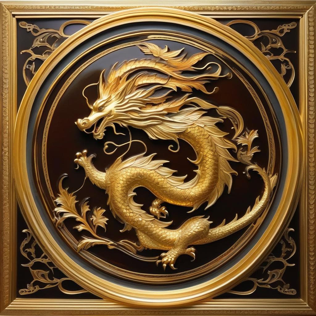 AI generated: Dragon, diffuse lighting, intricate, elegant, highly detailed, Ebru style painting, golden frame