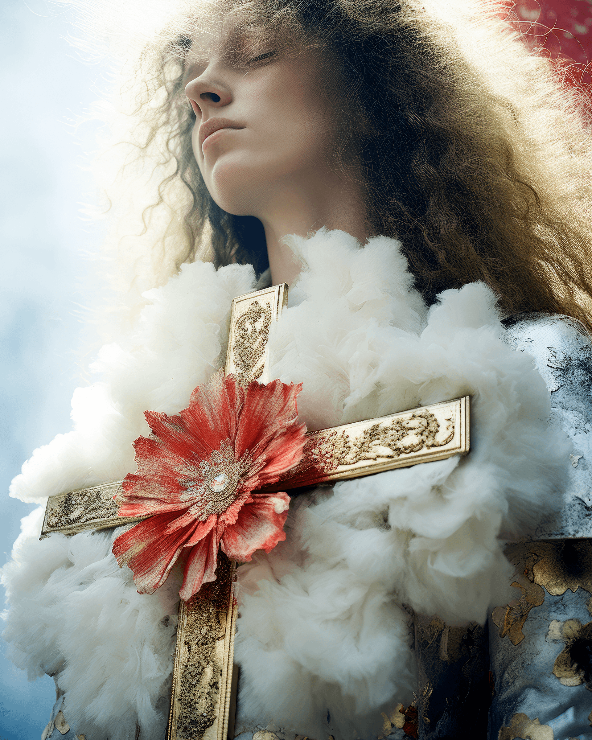 AI generated: a woman in makeup is standing in front of a silver crucifix, in the style of floral explosions, laye...